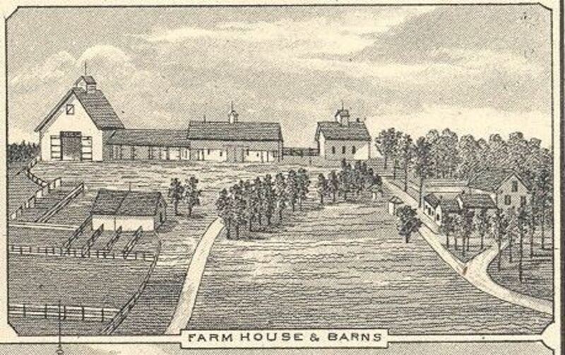 Small drawing of the layout for the Farm House and Barns. 