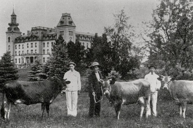 Three individuals with livestock in front of Old Main 