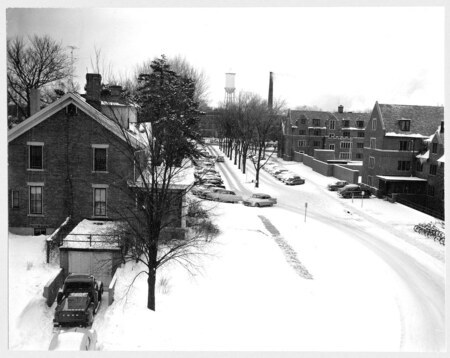 Marston Cottage in the winter of 1956, view of the street