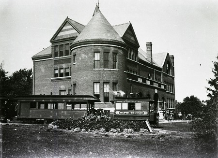 Rubble and train car in front of Morrill Hall