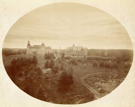 Landscape view of Old Main and Morrill Hall