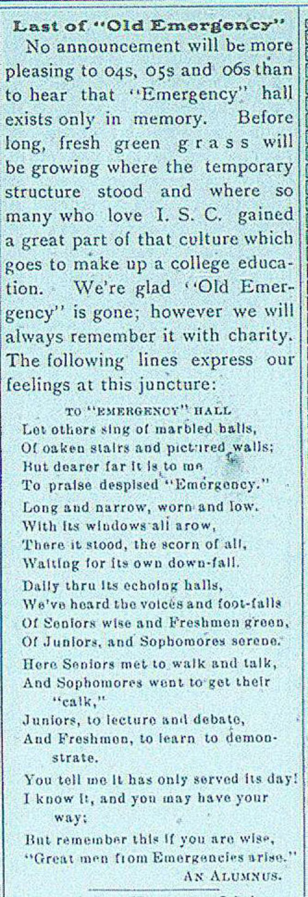 News paper clipping announcing "Emergency" hall is gone