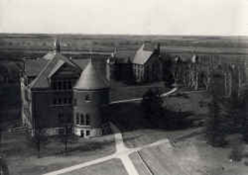 In this aerial view, Morrill Hall is on the left and Margaret Hall is on the right.