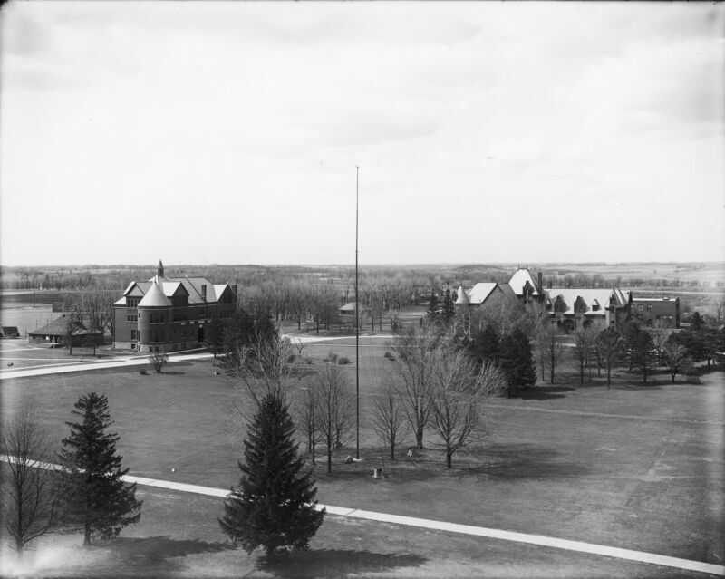 In this aerial view, Morrill Hall is on the left and Margaret Hall is on the right. The Hub can be seen to the left (west) of Morrill Hall.