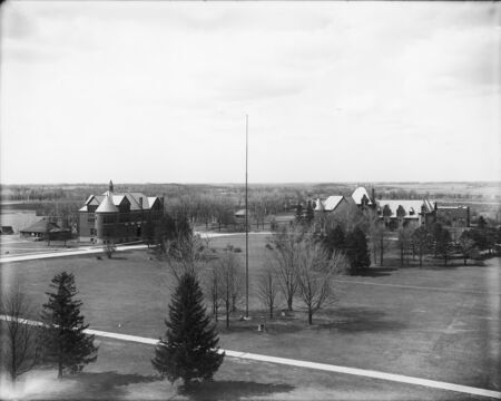 In this aerial view, Morrill Hall is on the left and Margaret Hall is on the right. The Hub can be seen to the left (west) of Morrill Hall.